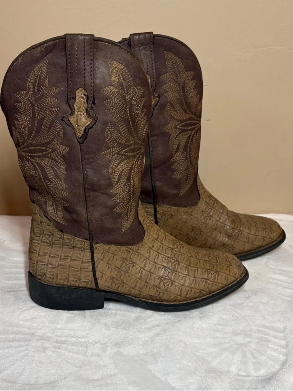 Kids’ Two-Tone Brown Western Cowboy Boots with Croc-Embossed Foot, 3